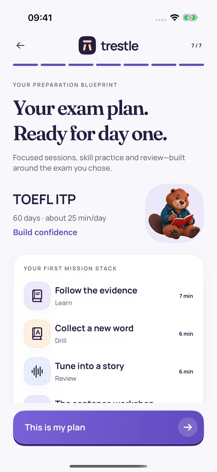Trestle’s plan preview: a TOEFL ITP plan of 60 days with a first mission stack