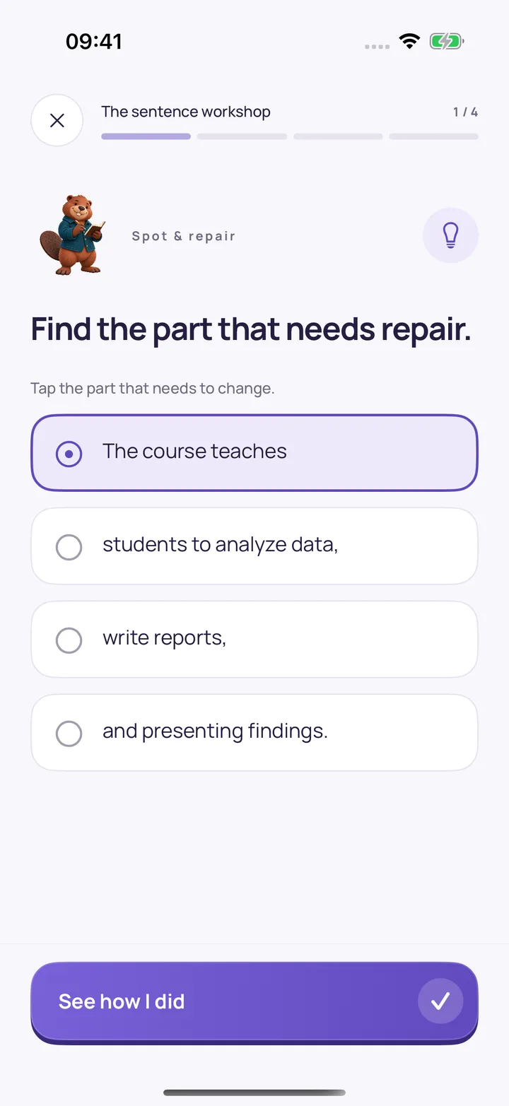 A Trestle grammar exercise asking which part of a sentence needs repair