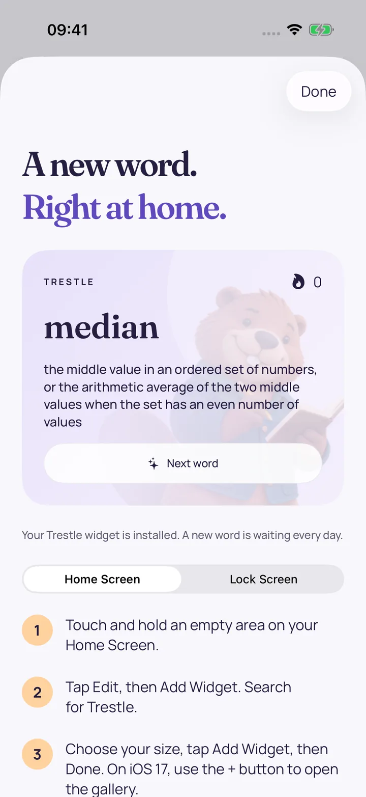 Trestle widget showing the word median with its definition, and steps to add it